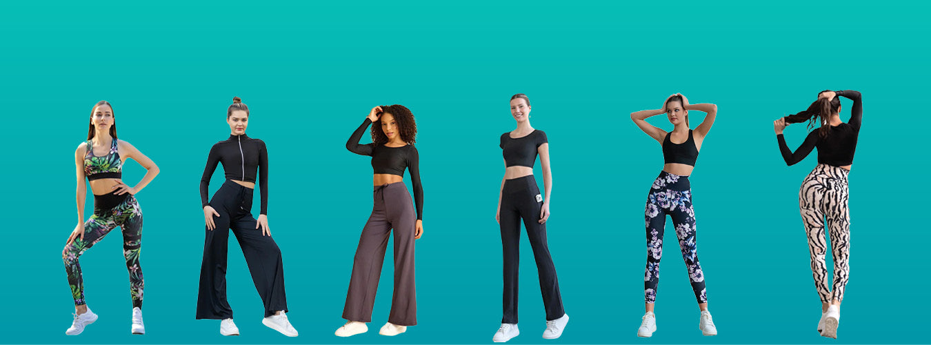 Sechs Frauen in stylischen Trainingsoutfits stehen selbstbewusst vor einem blaugrünen Hintergrund und präsentieren die Vielfalt ihrer Sportbekleidung.