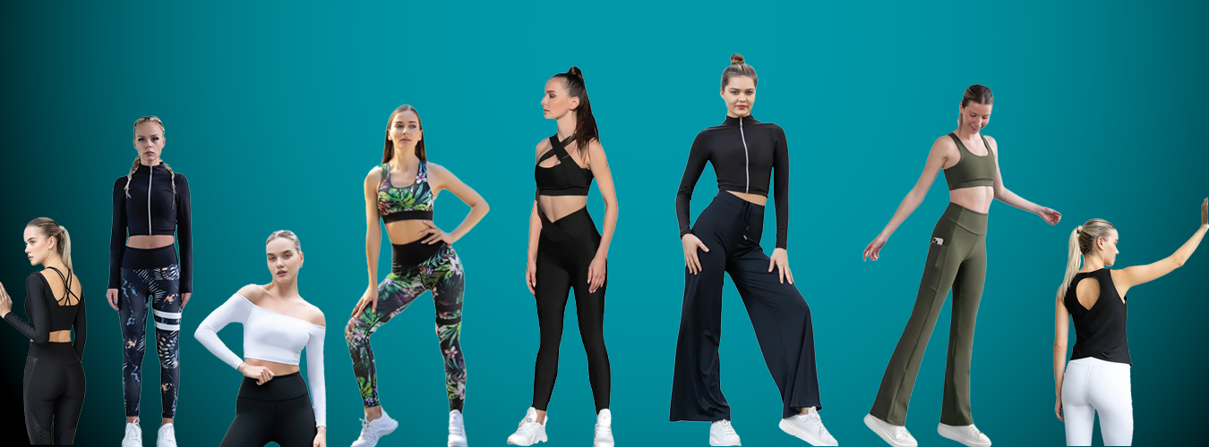 Eine Gruppe von Frauen in verschiedenen stylischen Sportoutfits posiert vor einem blaugrünen Hintergrund.