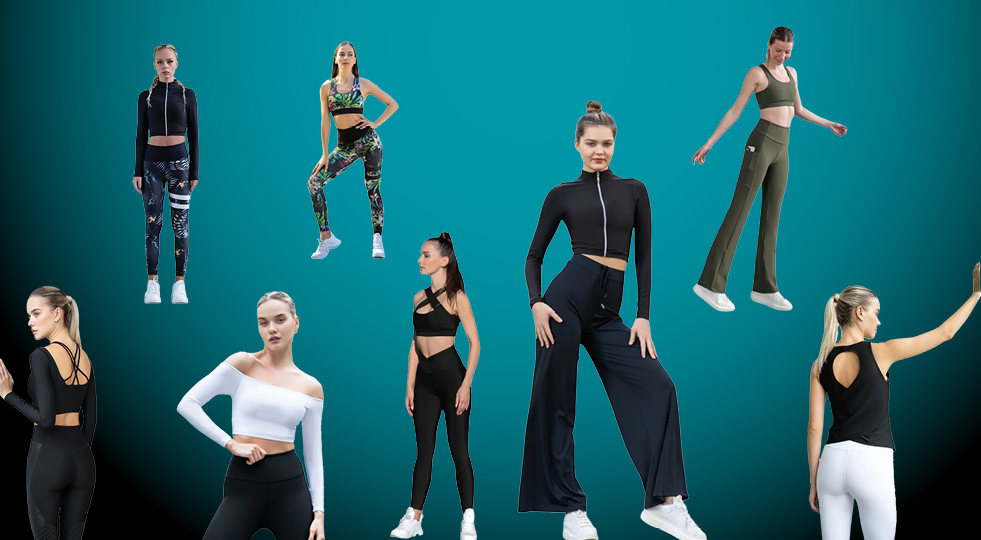 Frauen in verschiedenen Posen und unterschiedlicher Sportbekleidung vor blauem Hintergrund.