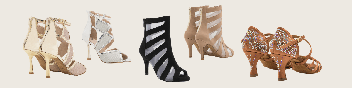 Eine Auswahl von fünf stylischen High Heels in unterschiedlichen Farben und Designs, die in einer Reihe präsentiert werden.