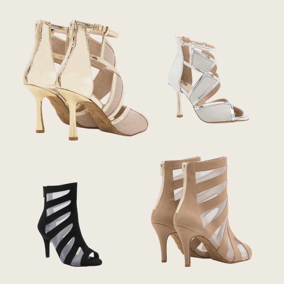 Vier Paar Stöckelschuhe in Gold, Silber, Schwarz und Beige mit Netzeinsätzen und Reißverschlüssen.