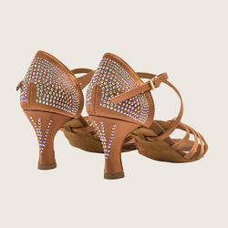 Braune Tanzschuhe mit hohen Absätzen und Strassverzierungen auf hellem Untergrund.