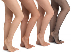 Vier Paar strapazierfähige Rumpf 113 Netzstrumpfhosen in Nude, für Showtanz, erhältlich in hellen bis dunklen Farbtönen.