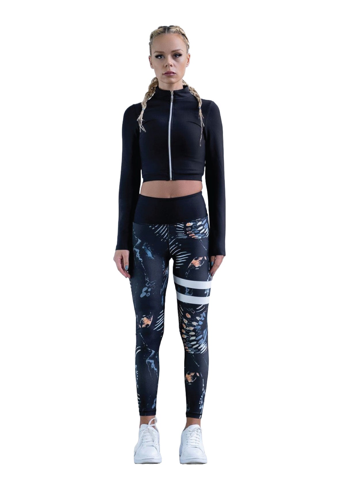 1163 Leggings extra de cintura alta en negro y azul con rayas